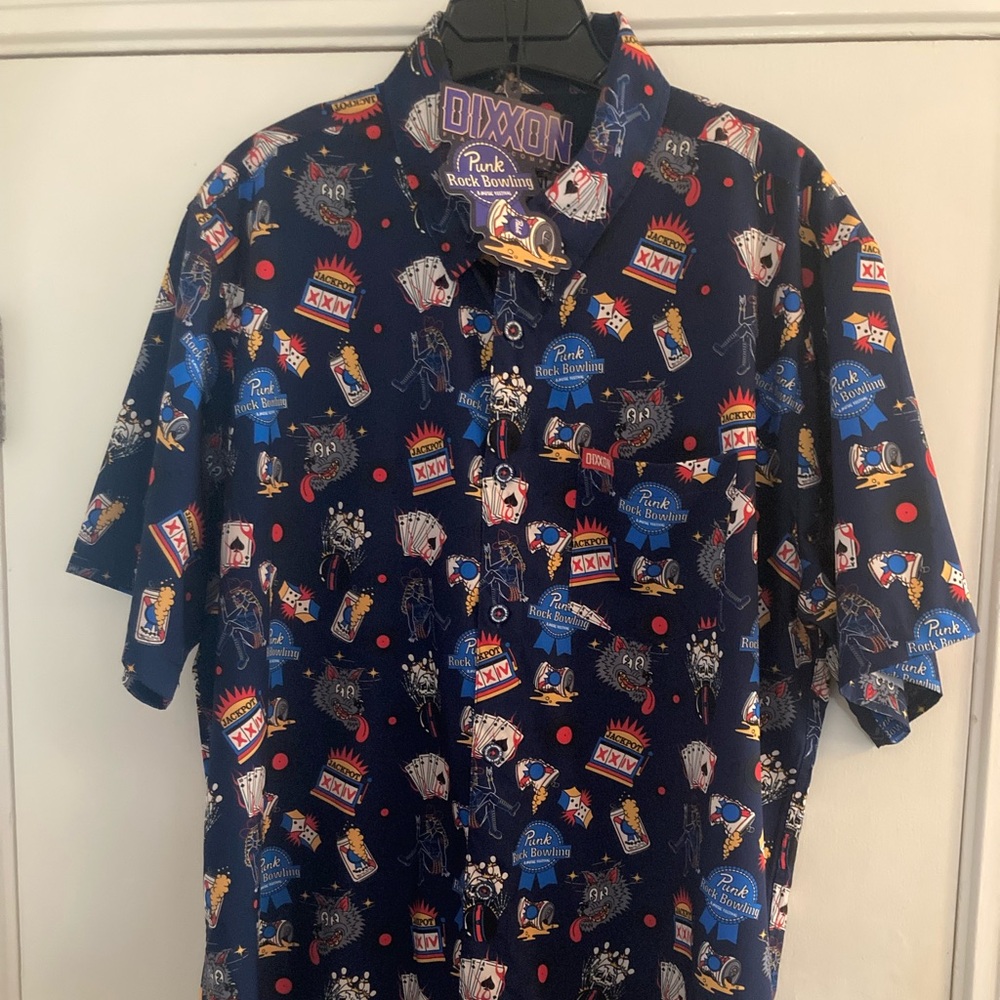 DIXXON Men's Casual Button Down Shirt - “PBR” Navy with Multicolor Graphics